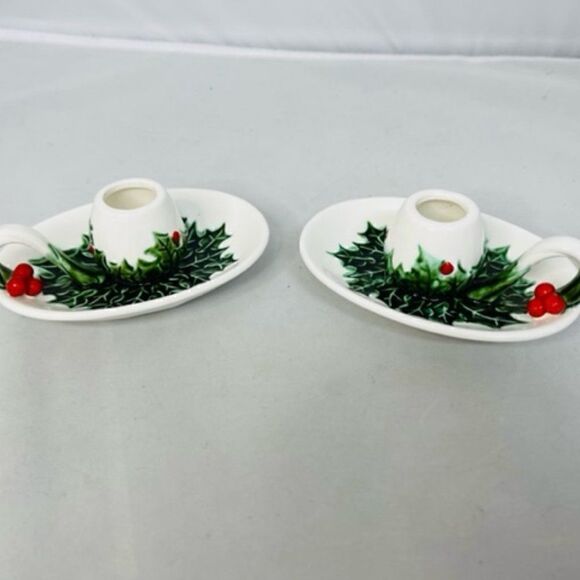 2 Lefton White Green Holly Berry Candle Holders - No 1341 The item size is 5" by - Picture 1 of 6